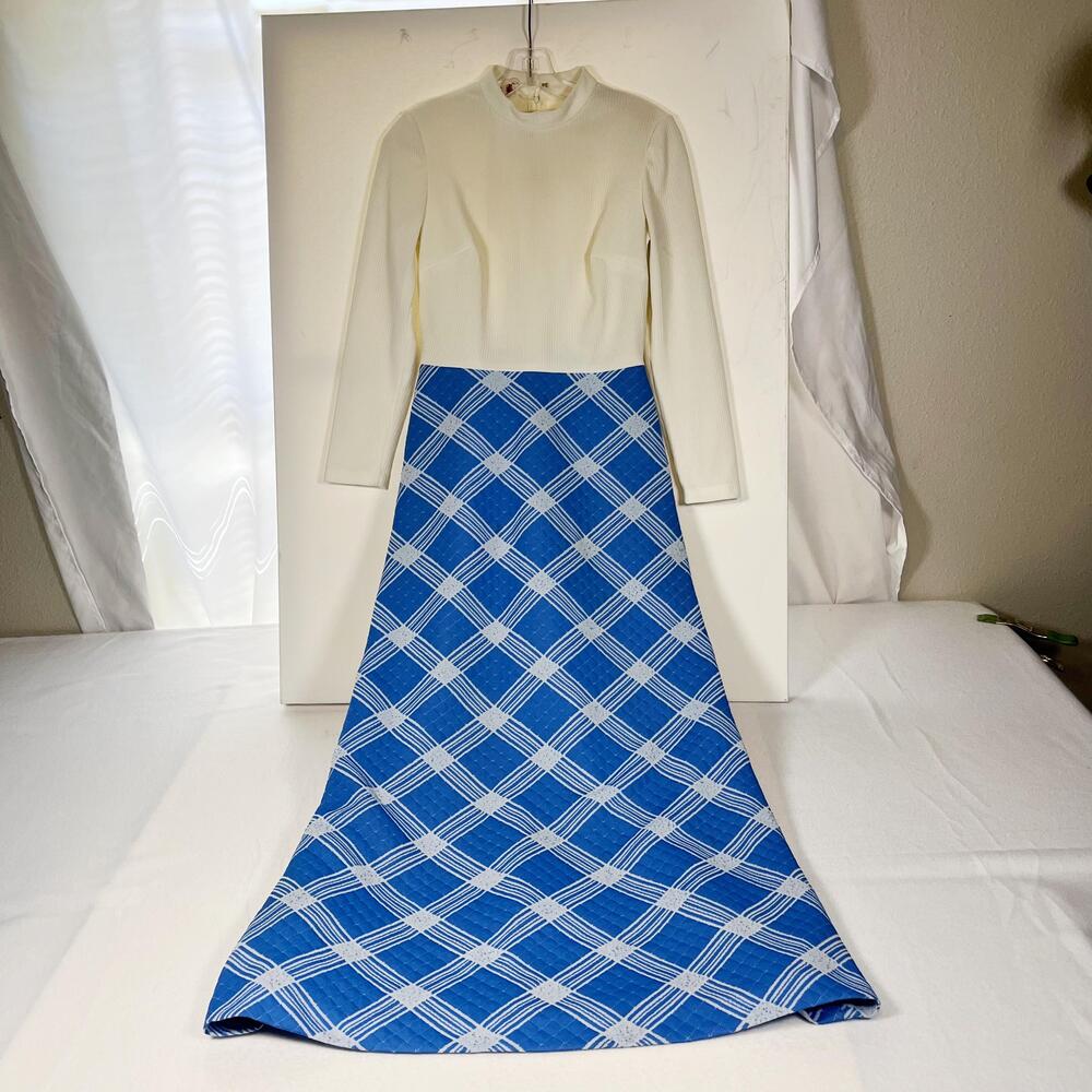 Vintage Kay Windsor Dress Womens Small Blue White Plaid Long Sleeve Maxi 60s Mod